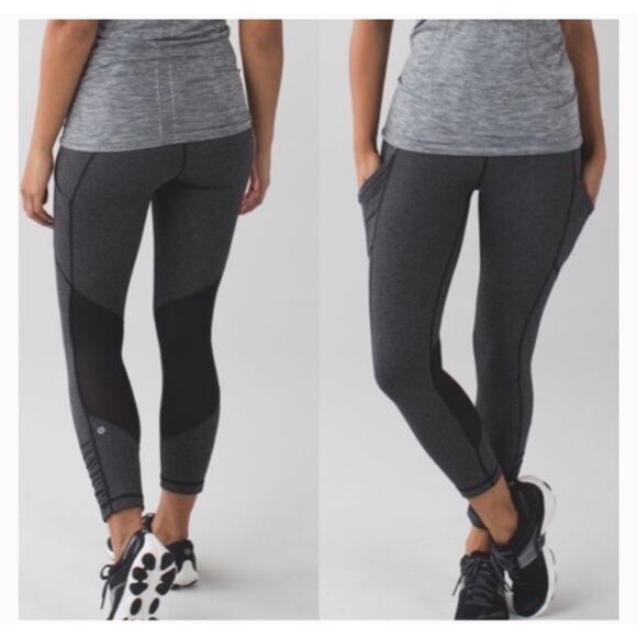 LULULEMON Herringbone Speed Cropped Leggings Ruched Ankles Mesh Panels Size 4 - Picture 1 of 10